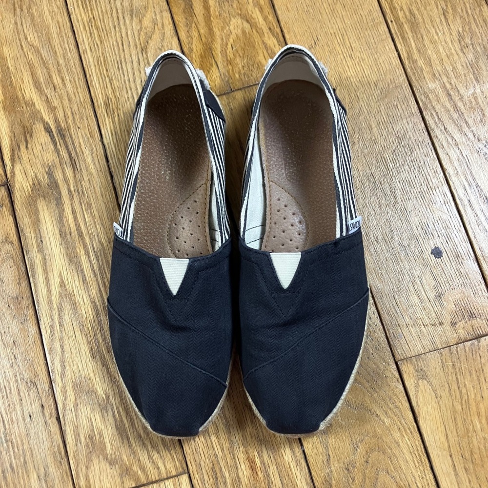 TOMS Alpargata Slip On Espadrille Flats Black White‎ Striped Canvas Shoes 9.5